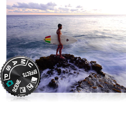 Take full manual control of your shooting COOLPIX P900 photo of a surfer on the jetties at the water's edge and the mode dial inset