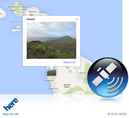 Built-in GPS lets you track your photos and videos COOLPIX P900 photo of the Hawaii jungle on a map and the GPS icon inset