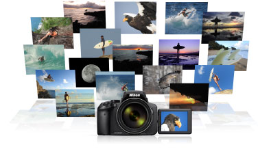 Get up to 360 shots per battery charge Product photo of the COOLPIX P900 and 17 small photos shot with the camera arranged in a grouping