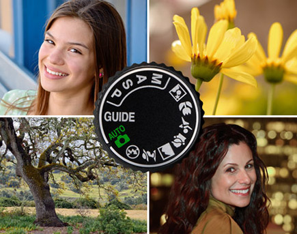 Get comfortable with your camera Four photos: two female portraits, a photo of yellow flowers and a photo of a tree in a park inset with the mode dial of a D-SLR