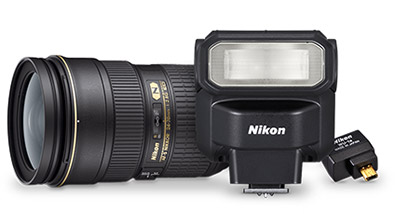Expand your capabilities with Nikon accessories Photo of a camera lens, Speedlight flash and WU wireless mobile adapter