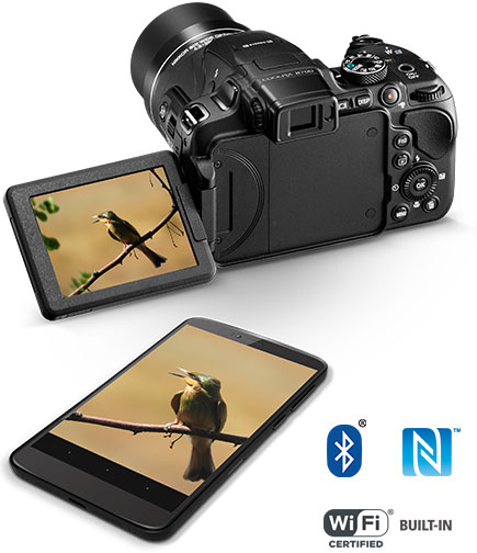 Photo of the COOLPIX B700 with a photo of a bird on a branch on the LCD and on a smartphone, with Wi-Fi, NFC and Bluetooth logos