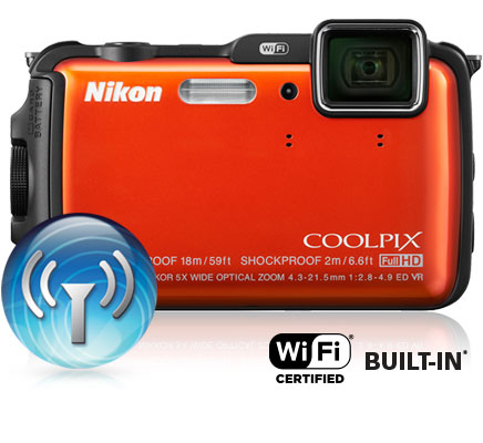 COOLPIX AW120 is your smartphone's new best friend Photo of the COOLPIX AW120, Wi-FI icon and Wi-Fi certified built-in logo