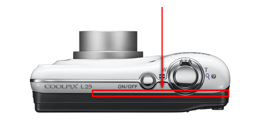 Location of the separation that can occur between the front and rear covers at the top of the COOLPIX L25