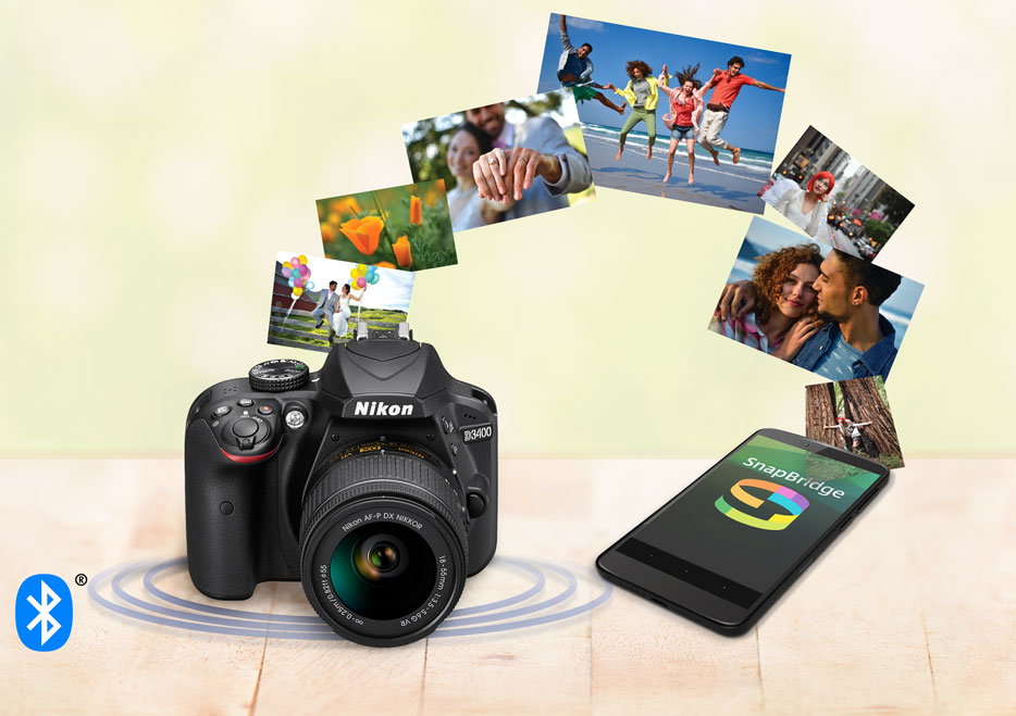 Photo of Nikon D3400, smartphone with SnapBridge
