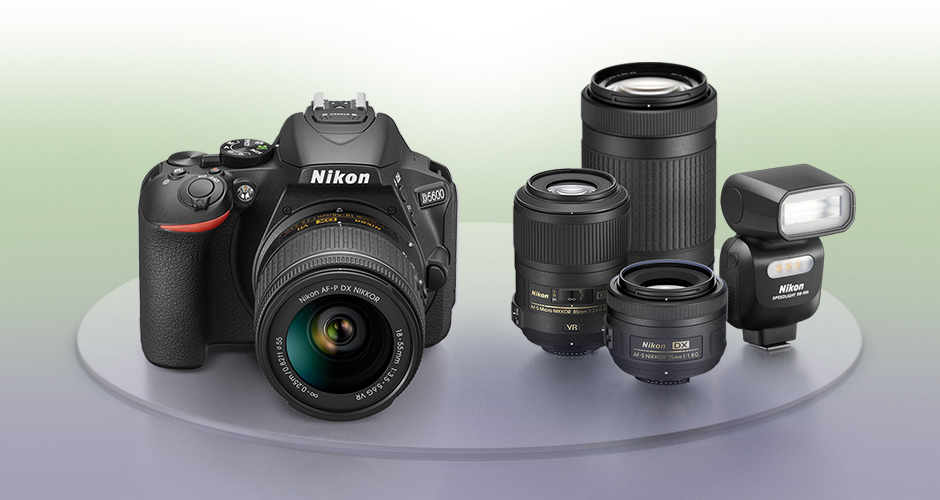 photo of the Nikon D5600 DSLR and NIKKOR lenses and a Nikon Speedlight