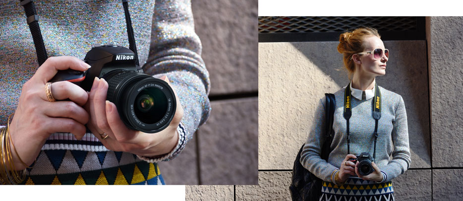 Photo of a woman with a D5600 around her neck, inset with a closeup of the camera in her hands
