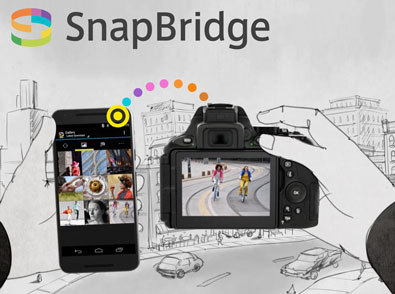 Illustration showing a camera and smartphone with SnapBridge