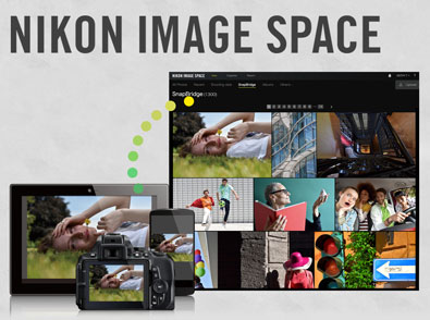 Illustration showing ease of transferring photos from the camera or smart device to Nikon Image Space using SnapBridge