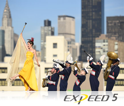 D5 DSLR photo of a woman in a yellow dress leading a marching band