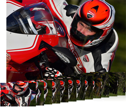 Photo of a motorcycle rider inset with smaller photos of the same rider shot at 12 fps