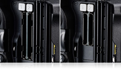 Side by side photos of the twin XQD and twin CF card slots of the D5