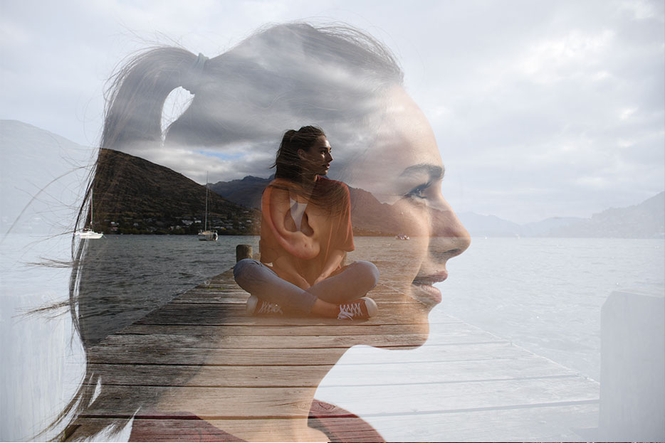 Multiple exposure photo of a woman sitting on a pier and a close up of her profile