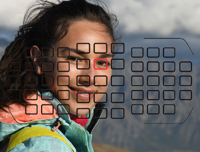 photo of a girl with the focusing grid overlay on top