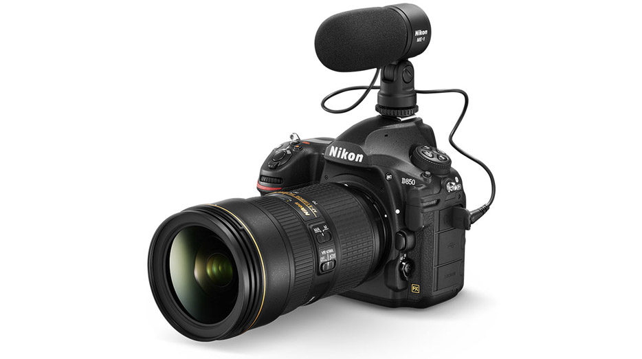 Photo of the D850 DSLR with a NIKKOR lens and the Nikon ME-1 stereo microphone attached