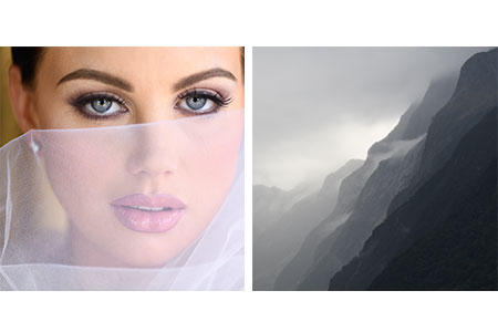 side by side photos of a bride and a B&W landscape in square formats