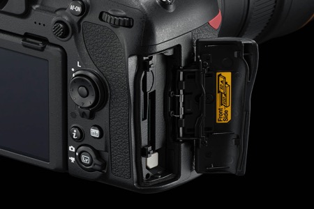 close up photo of the card slot of the D850 DSLR