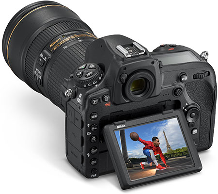 Photo of the D850 DSLR with a shot of an athlete on the tilting LCD