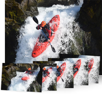 Photo of a kayaker on a waterfall inset with five continuous sequence images of the kayaker showing speed at 5 FPS
