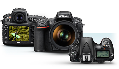 Three product shots of the D810, front, top and rear with the image of a model in a scene on the LCD