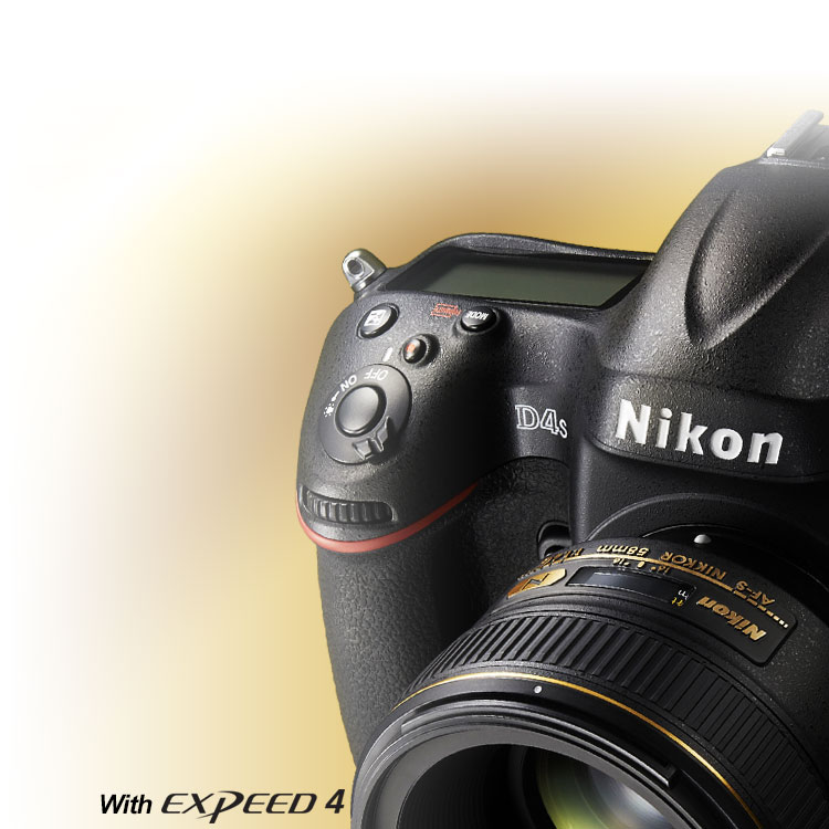 Product photo of the D4s DSLR with the 55mm NIKKOR lens attached and EXPEED 4 logo