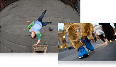 Nikon D750 photo of a male parkour athlete in air inset with a close up photo of a person's feet in a town square