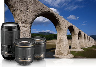 Nikon D750 photo of a landscape and stone aquaduct inset with three NIKKOR lenses