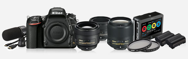 Product image of the D750, ME-1 mic, three NIKKOR prime lenses, Atomos Ninja-2, two extra EN-EL 15 Li-ion batteries, HDMI cable and two Tiffen Variable ND filters