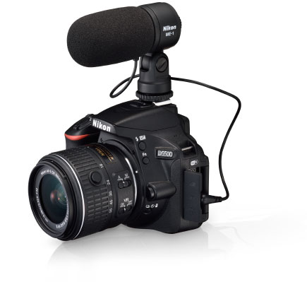 Nikon D5500 with a lens attached and ME-1 Stereo Microphone on the hot shoe