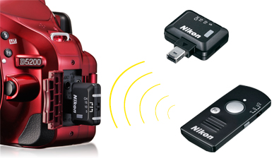 Long range remote control uses radio frequencies photo of a red D5200 with the WR-R10/WR-T10 remote control system