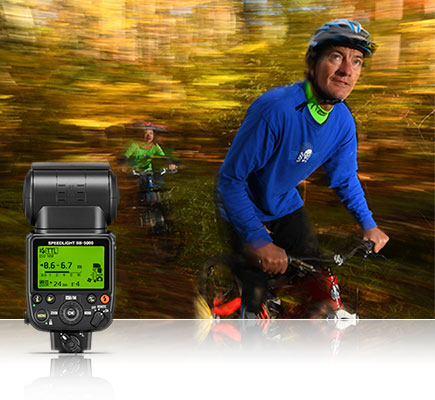 Photo of mountain bikers in the forest, lit with SB-5000 Speedlights, inset with the rear view of an SB-5000