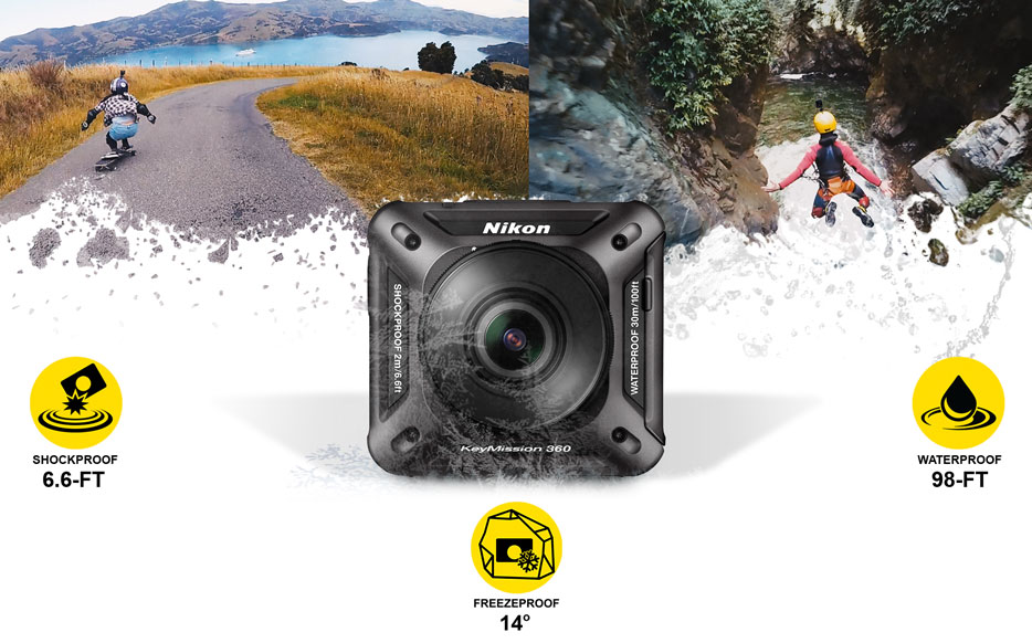 Composite photo of a skateboarder, bungee jumper and the KeyMission 360 camera with icons for shockproof, freezeproof, waterproof