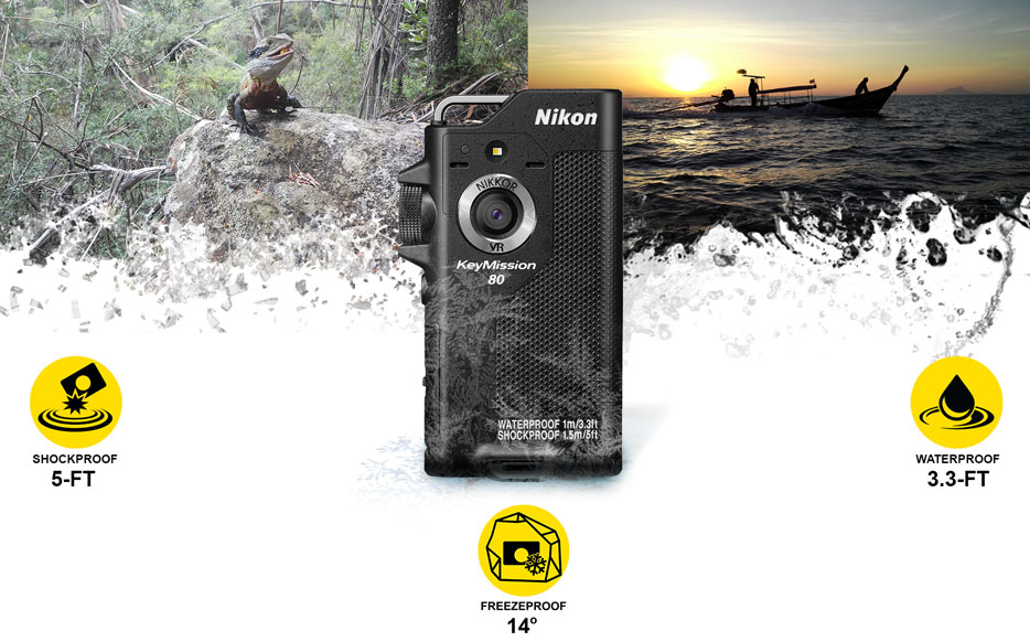 Composite photo of a lizard on a rock, and a boat at sunset with the KeyMission 80 and icons for shockproof, waterpoof and freezeproof inset