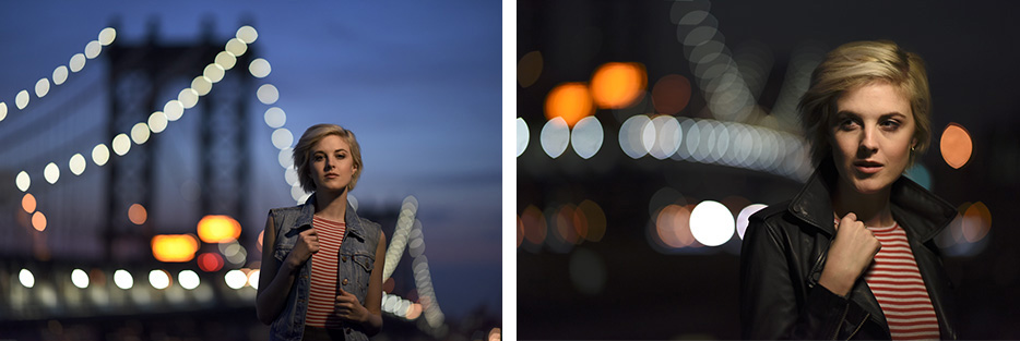 Two side by side portraits of a woman taken in low light using the AF-S NIKKOR 105mm f/1.4E ED lens, showing bokeh