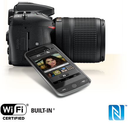 Product photo of the Nikon D7200 with a lens attached, a smartphone 