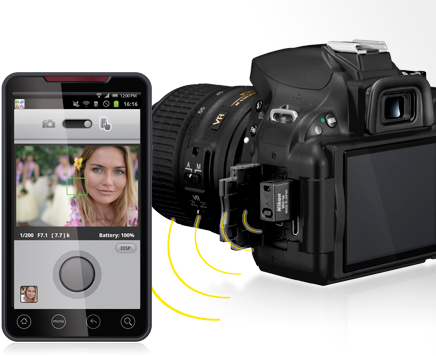 photo of the D5200 with WU-1a adapter and image on smartphone using wireless utility app
