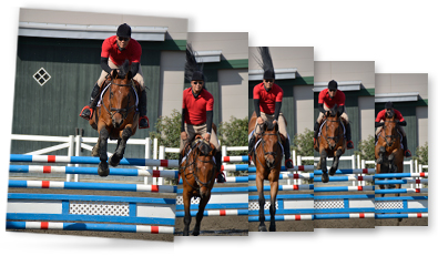 sequence of photos of a rider on a horse jumping over a fence on a show course
