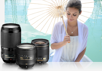 photo of a woman and paper umbrella with three product photos of NIKKOR lenses