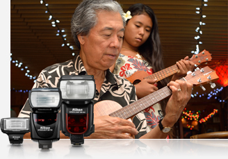 photo of man and woman playing the ukulele and product photos of three Speedlights