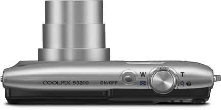 Slim and stylish COOLPIX S3200 photo of the silver S3200, top view