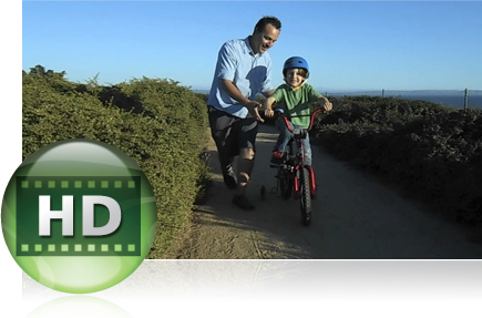 HD video movie recording at the touch of a button photo of a dad holding the handlebars of his son's bike as he learns to ride and HD video icon