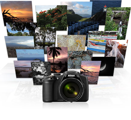 Shoot more on a single charge with the COOLPIX P600 Photo of the COOLPIX P600 and 18 photos highlighting the energy efficient battery