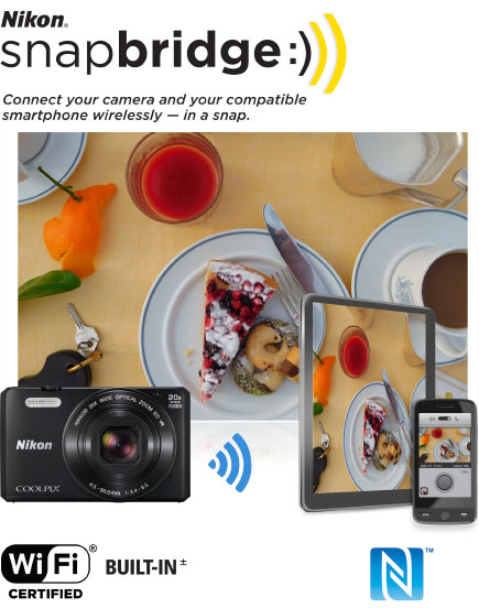 COOLPIX S7000 photo of deserts on a plate on a table, and the shot on a tablet and phone and the snapbridge logo