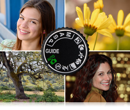 Mode dial of D3200 and images of a yellow flower, portrait of girl, night portrait of girl and landscape taken with Nikon D3200 HD-SLR