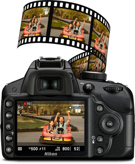 View of the rear of the D3200 HD-SLR with HD video example on LCD