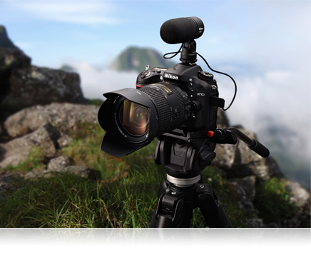 Nikon D7100, lens and ME-1 microphone on a tripod on a mountaintop