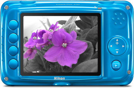 Back view of the COOLPIX S30 showing Selective Color, an in-camera Special Effect.