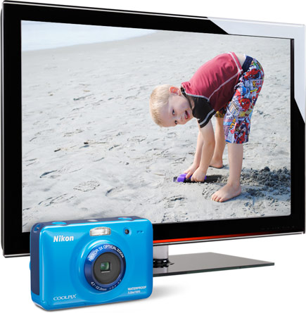 Image of the COOLPIX S30 hooked up to an HDTV via the camera's built-in HDMI port.