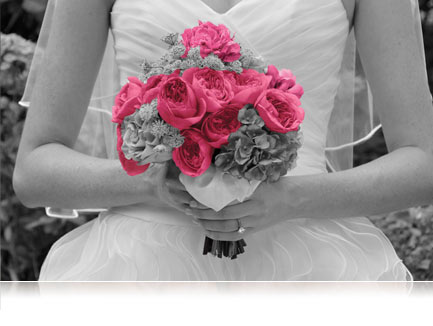 black and white photo of a bride's torso holding flowers that have selective color of hot pink in color