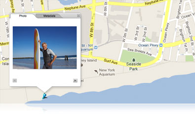 image of a surfer with board at the shore on a Google map crop of Coney Island